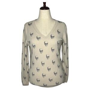 Skull Cashmere Women's V-Neck Sweater Size M Skull Print 100% Cashmere Goth Cozy